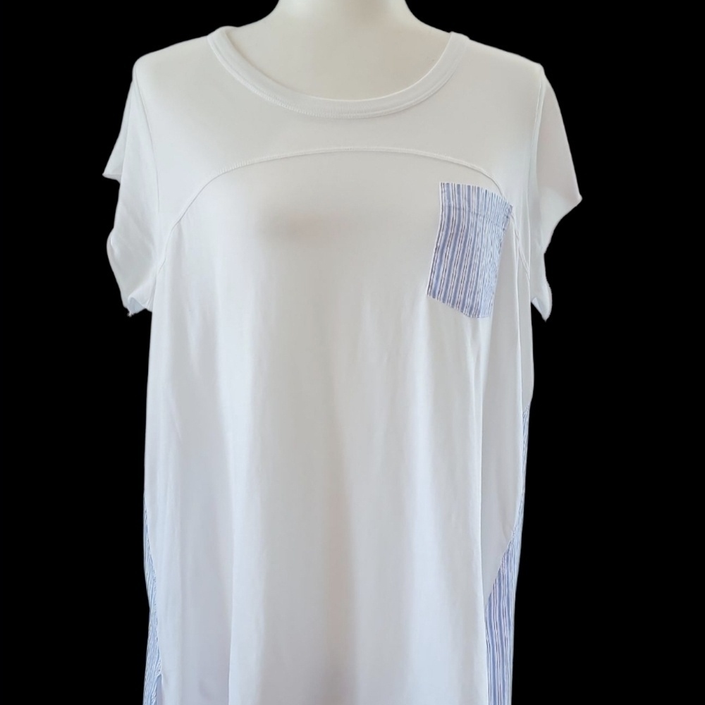 Maeve White Tee with Blue Striped Pocket